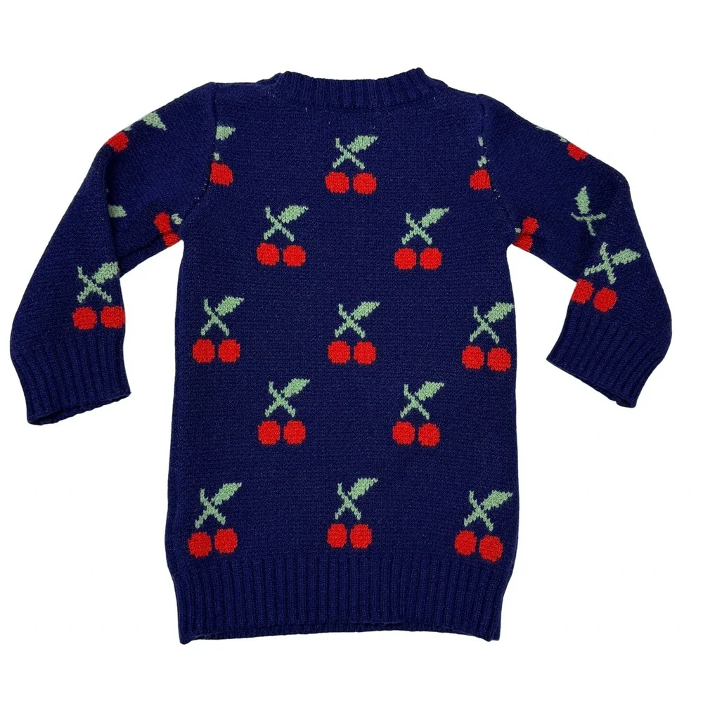 btween baby Girls Sweater Dress Cherry Print 6M Navy Blue Knit Long Sleeve
